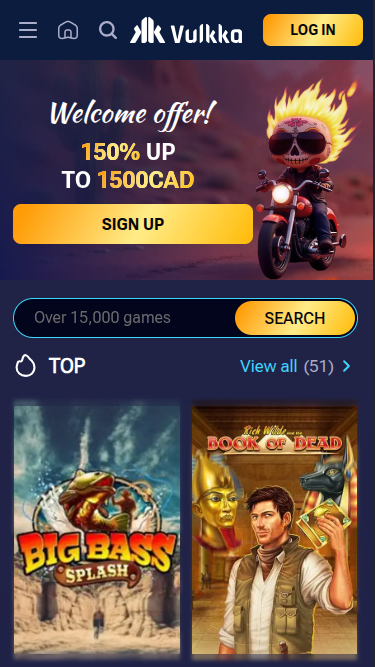 Page d'accueil mobile de Vulkka Casino