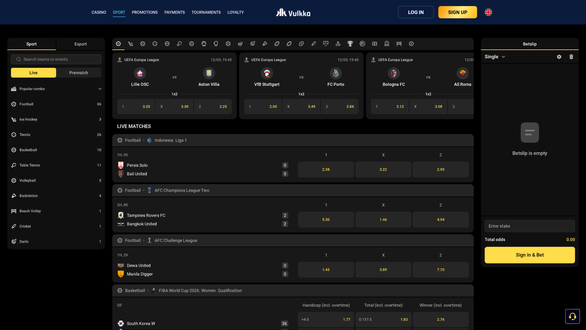 Scommesse sportive desktop di Vulkka Casino