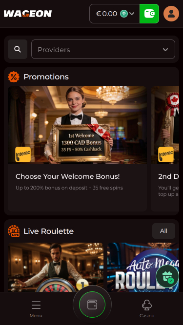 Homepage mobile di Wageon Casino