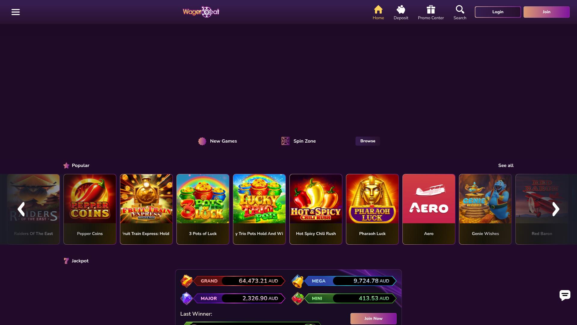 Página inicial do Wager Beat Casino para computador