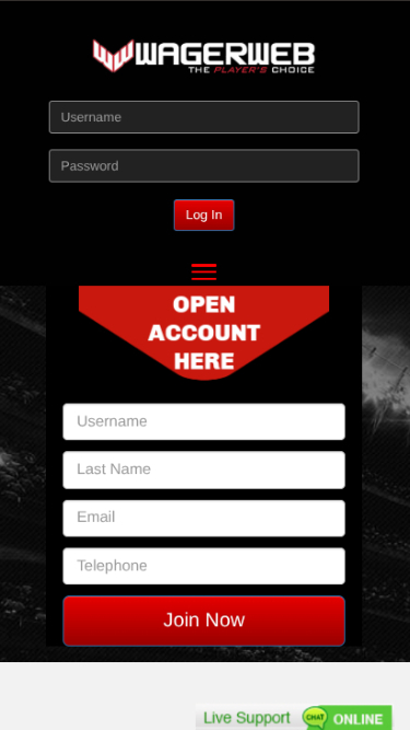 Page d'accueil mobile de WagerWeb Casino