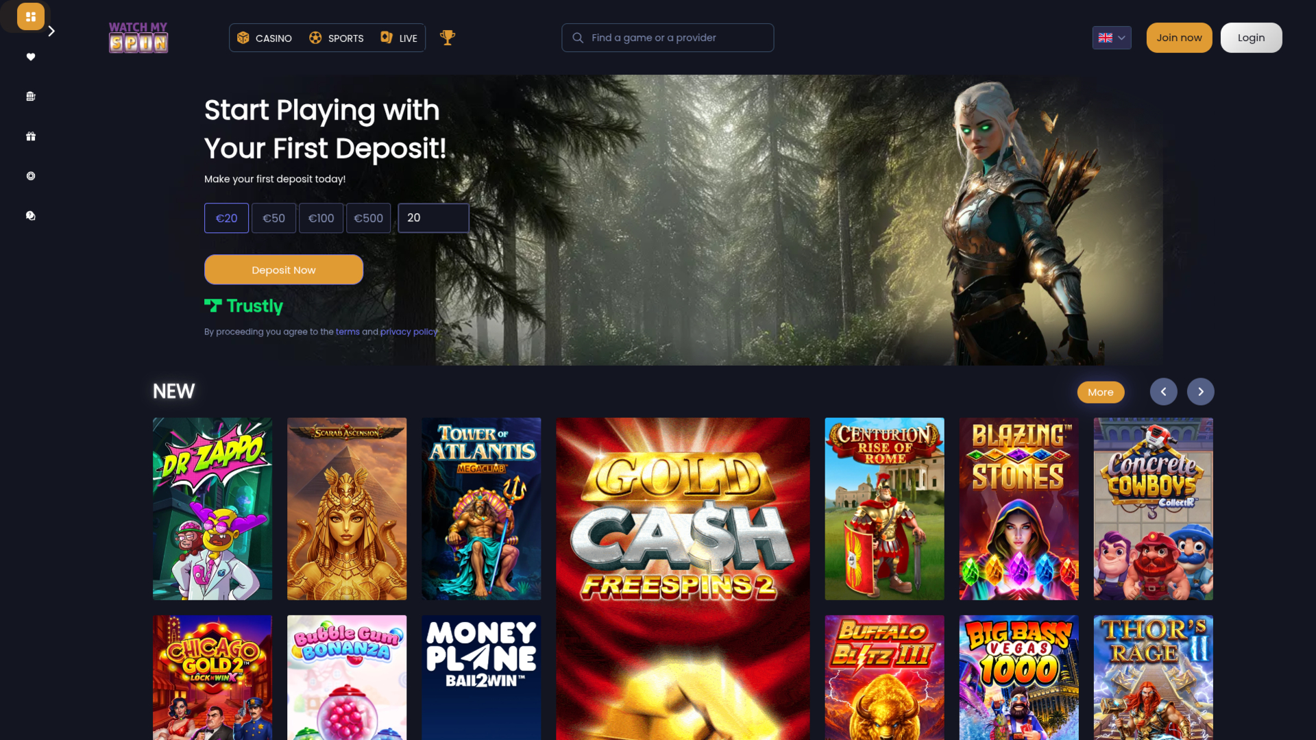  WatchMySpin Casino Desktop Homepage