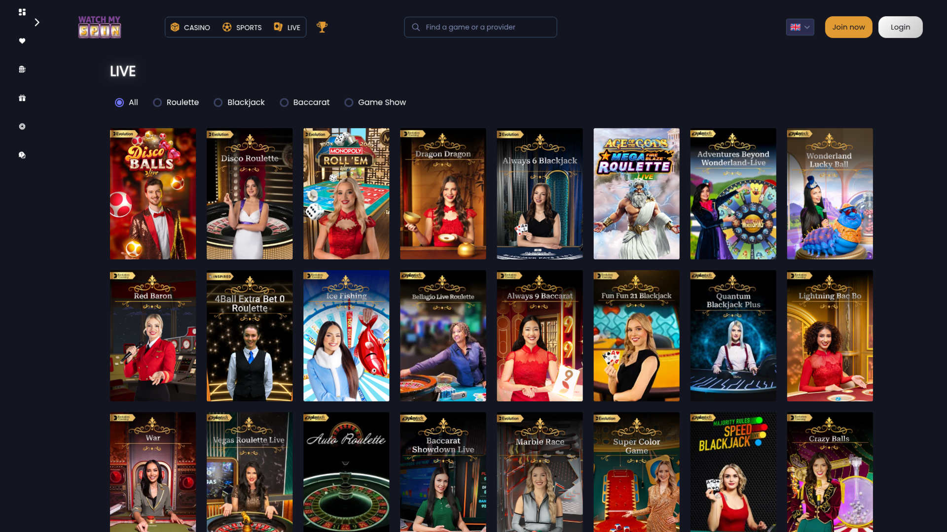 WatchMySpin Casino Desktop Live Dealer