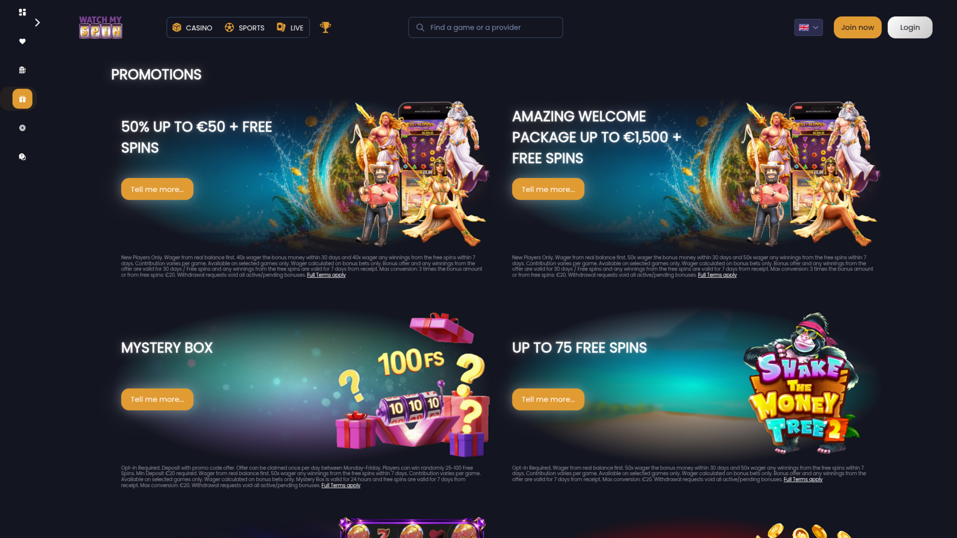 WatchMySpin Casino Desktop Promotions