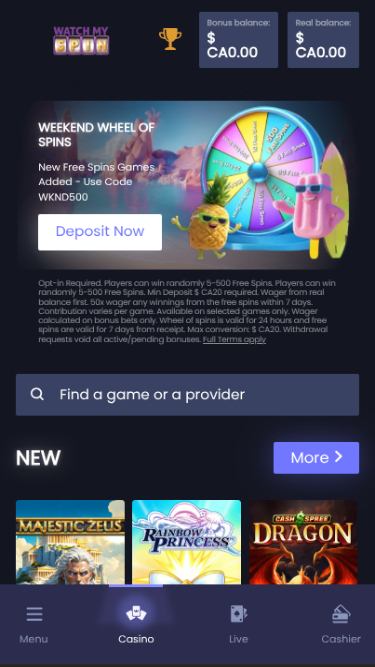 WatchMySpin Casino Mobile Homepage