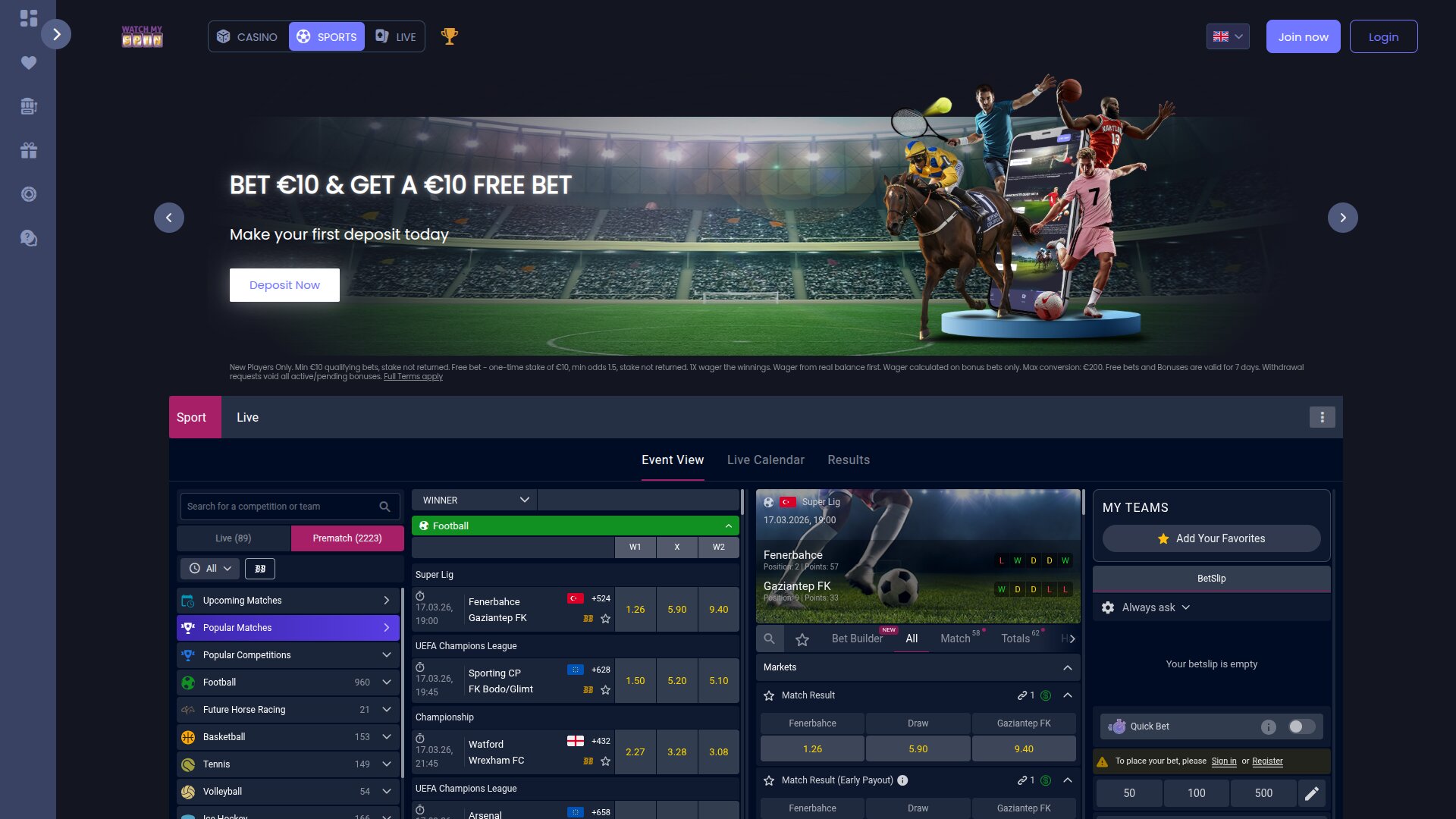 WatchMySpin Casino Deportes de escritorio