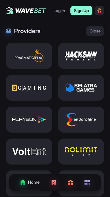 Page mobile des développeurs de jeux de casino WaveBet