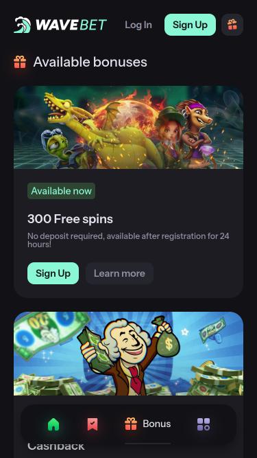 Page mobile des promotions du casino WaveBet