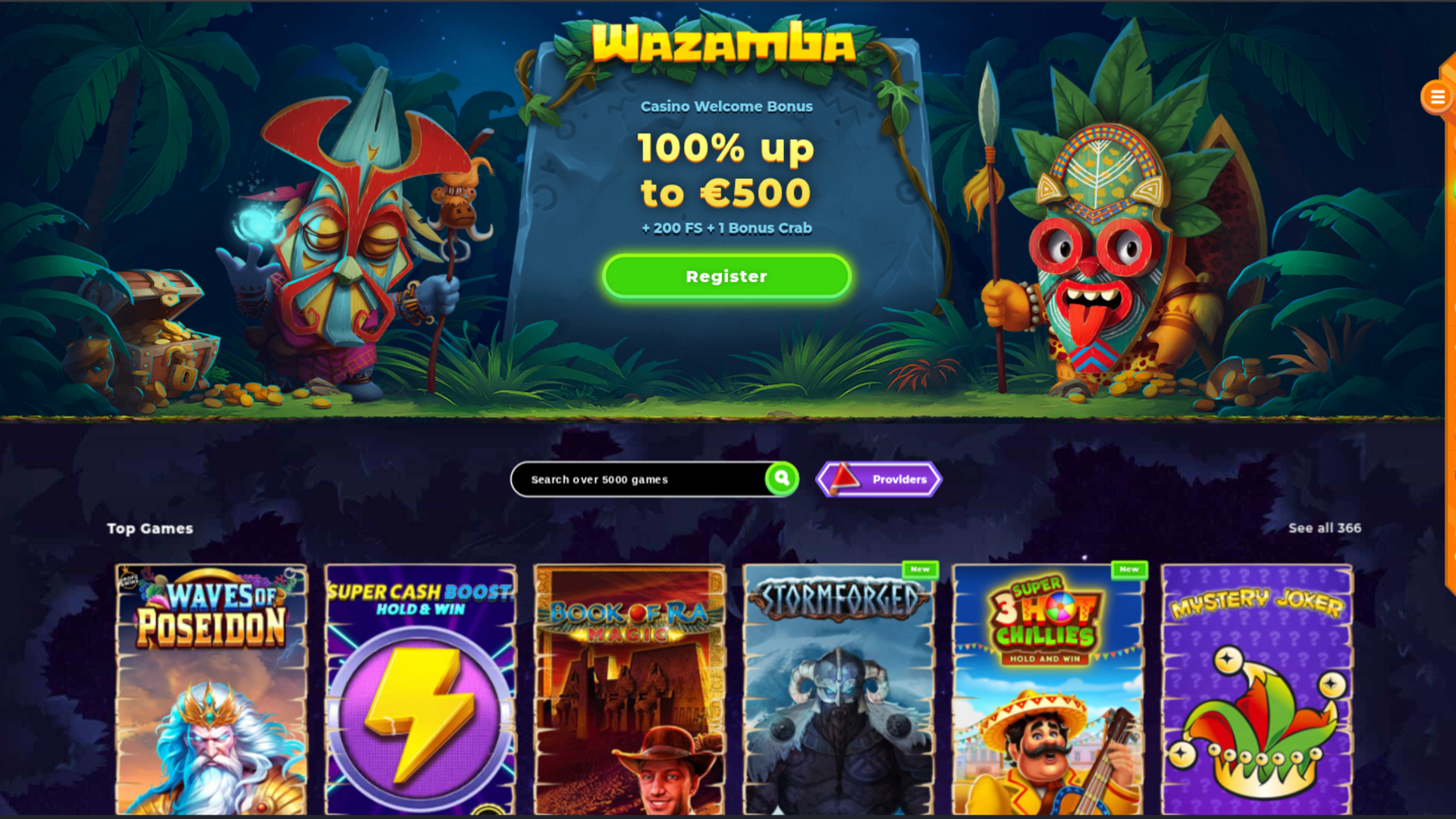  Página de inicio de escritorio de Wazamba Casino