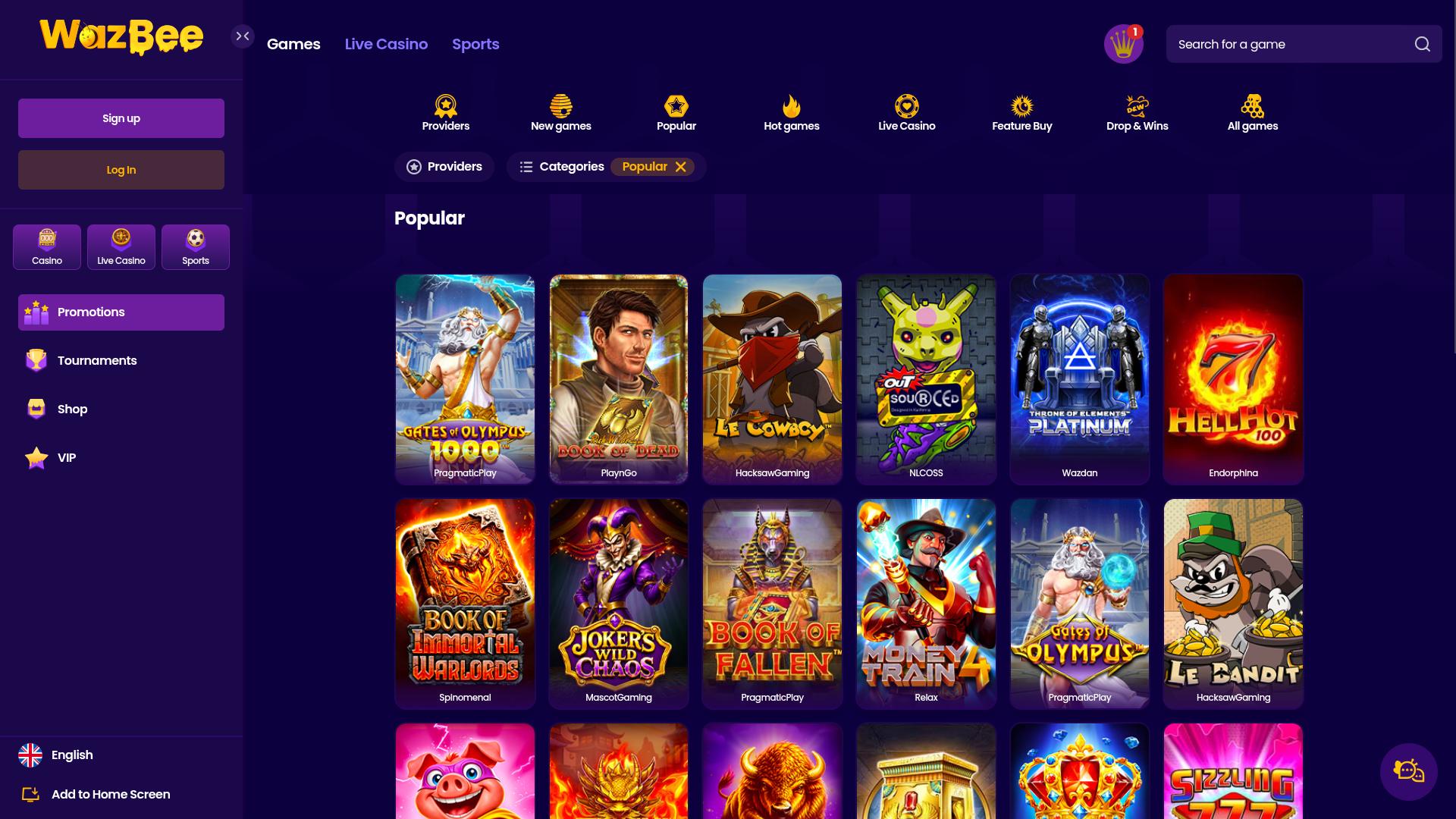 Juegos de escritorio de Wazbee Casino