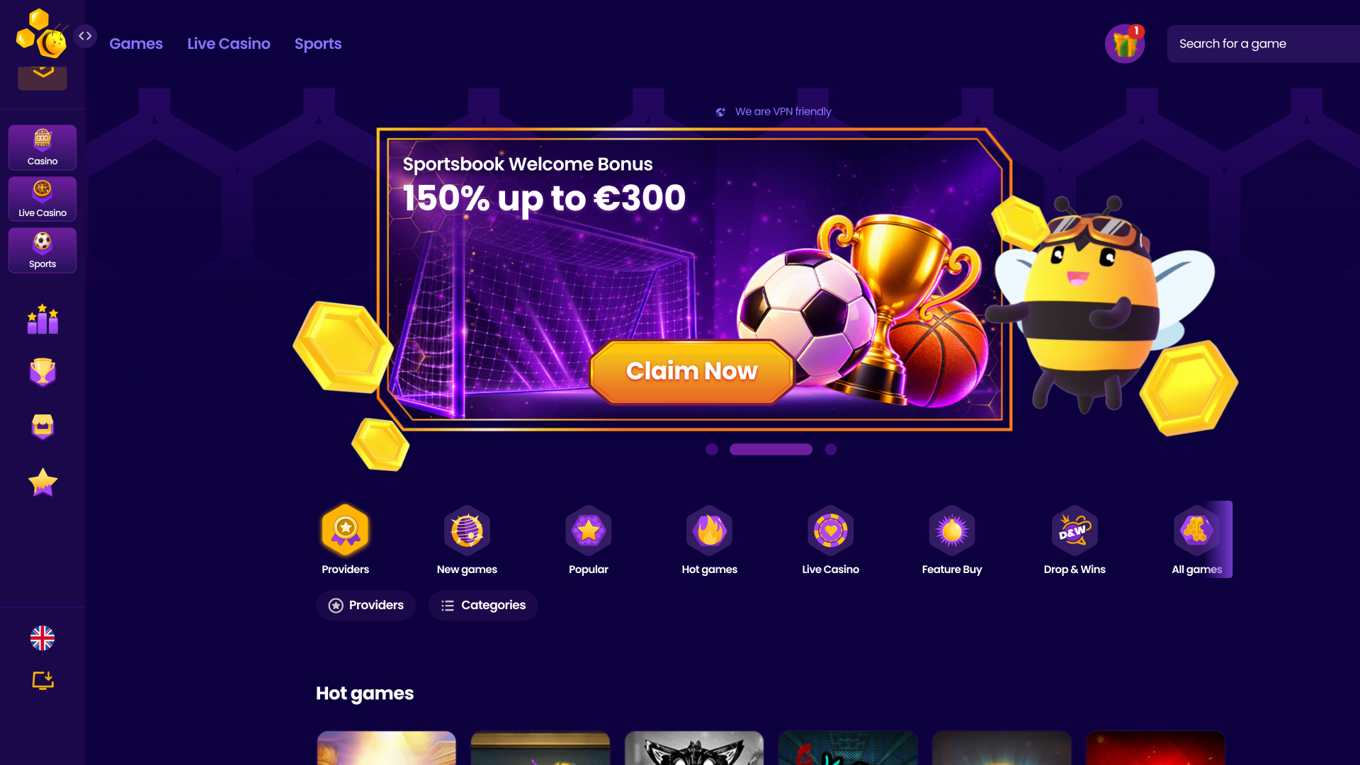 Página de inicio de escritorio del casino Wazbee