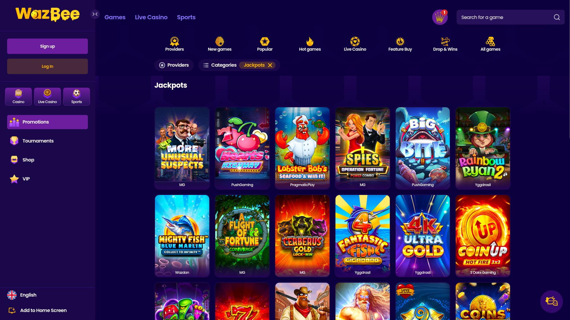 Jackpot de escritorio de Wazbee Casino