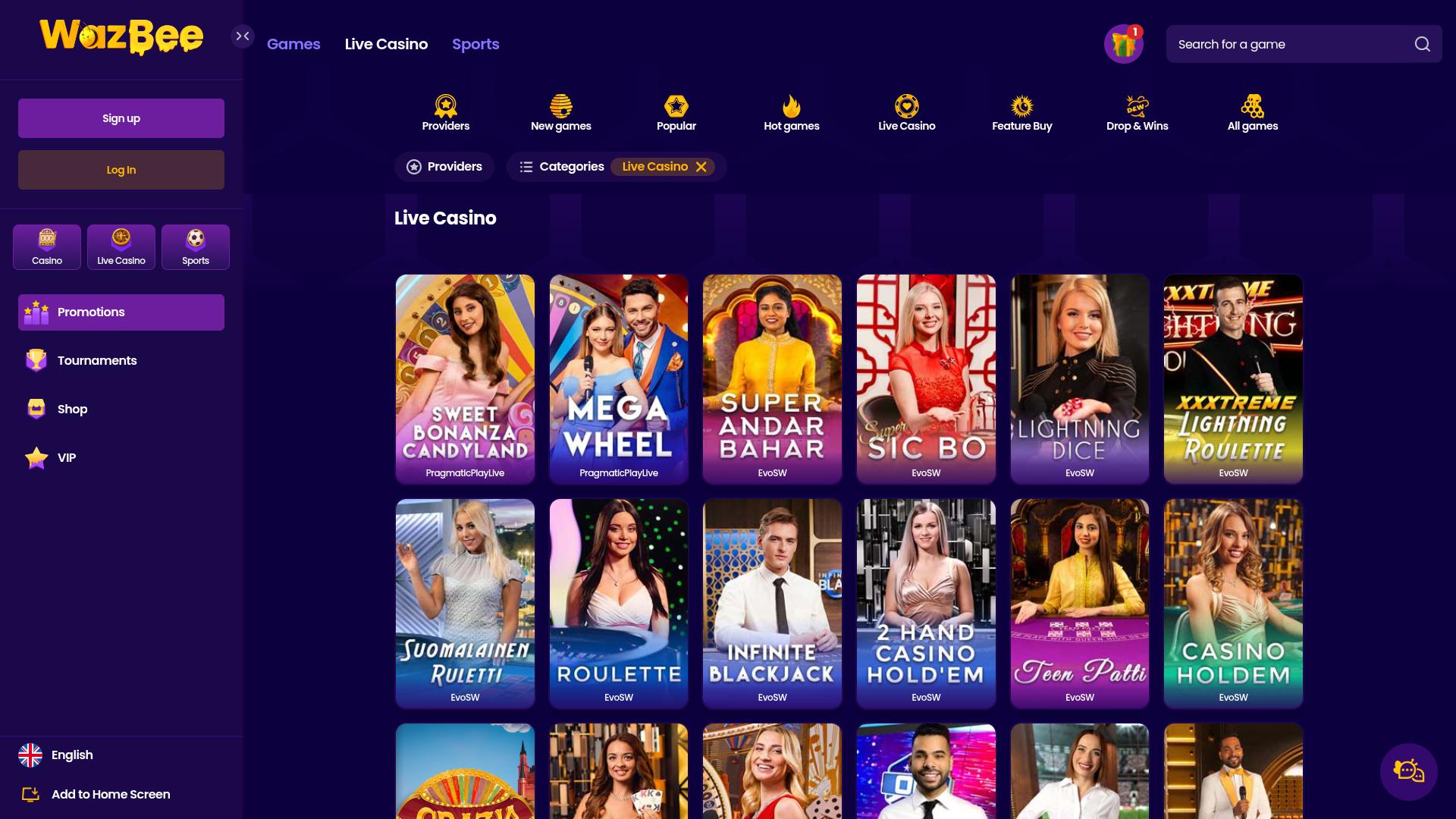 Wazbee Casino con crupier en vivo para escritorio