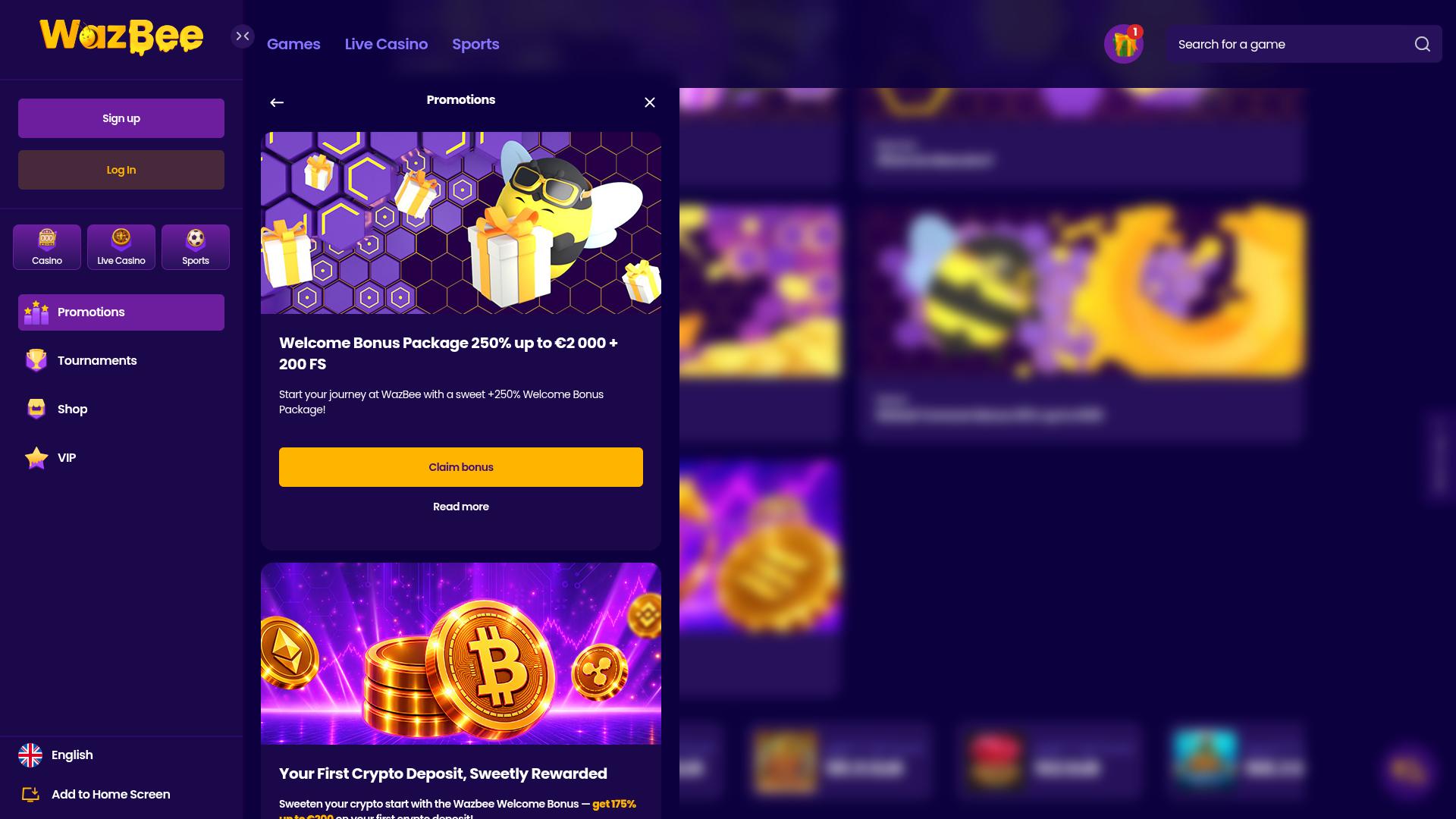 Promociones de escritorio de Wazbee Casino