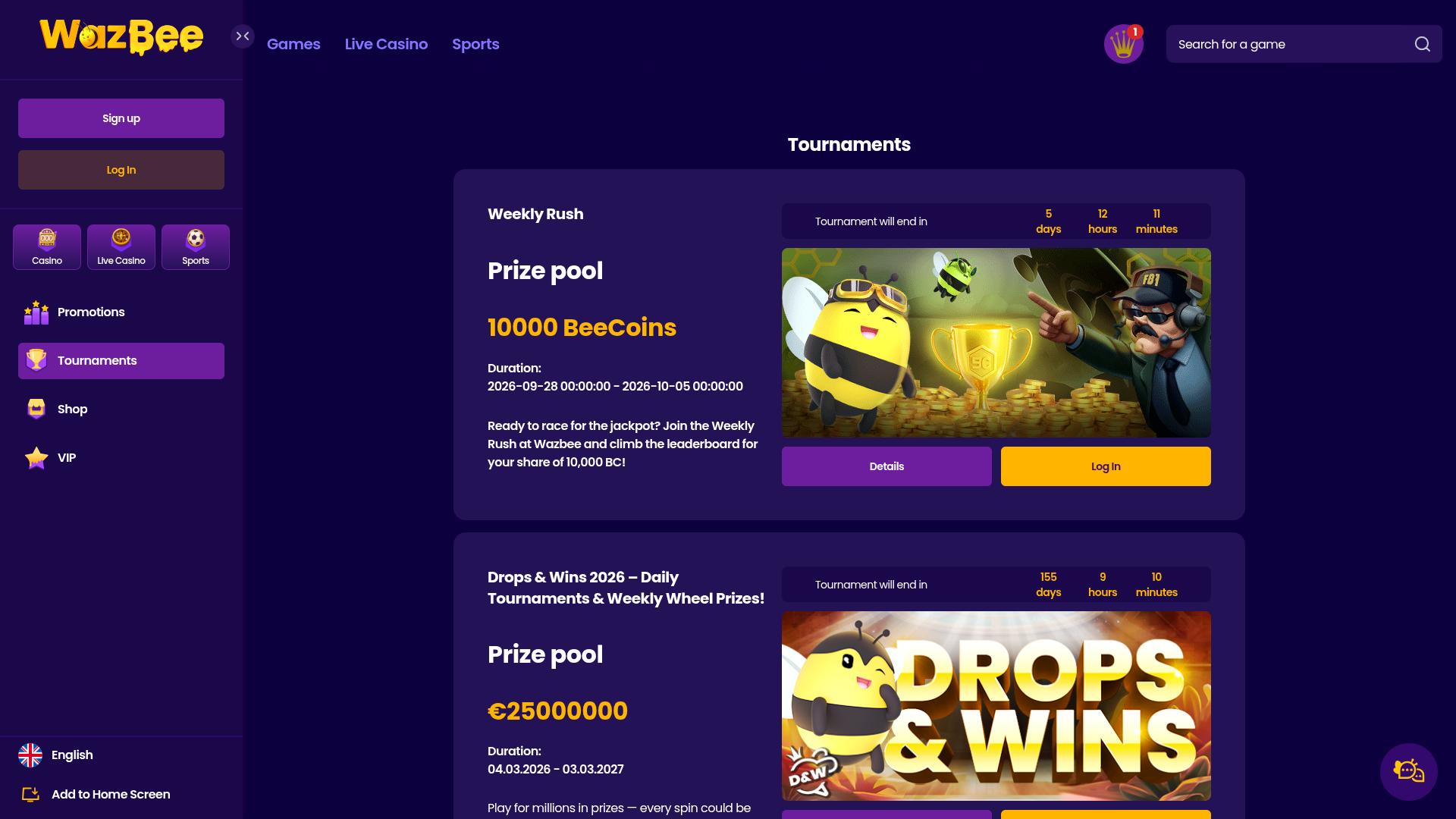 Torneos de escritorio de Wazbee Casino