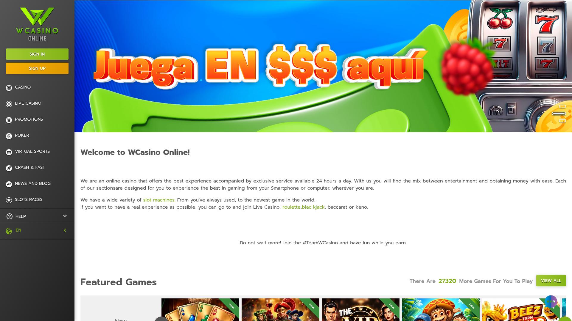 Page d'accueil de WCasino Online pour ordinateur