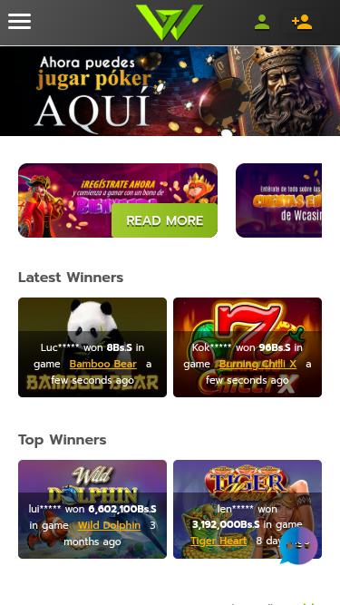 Page d'accueil mobile de WCasino Online