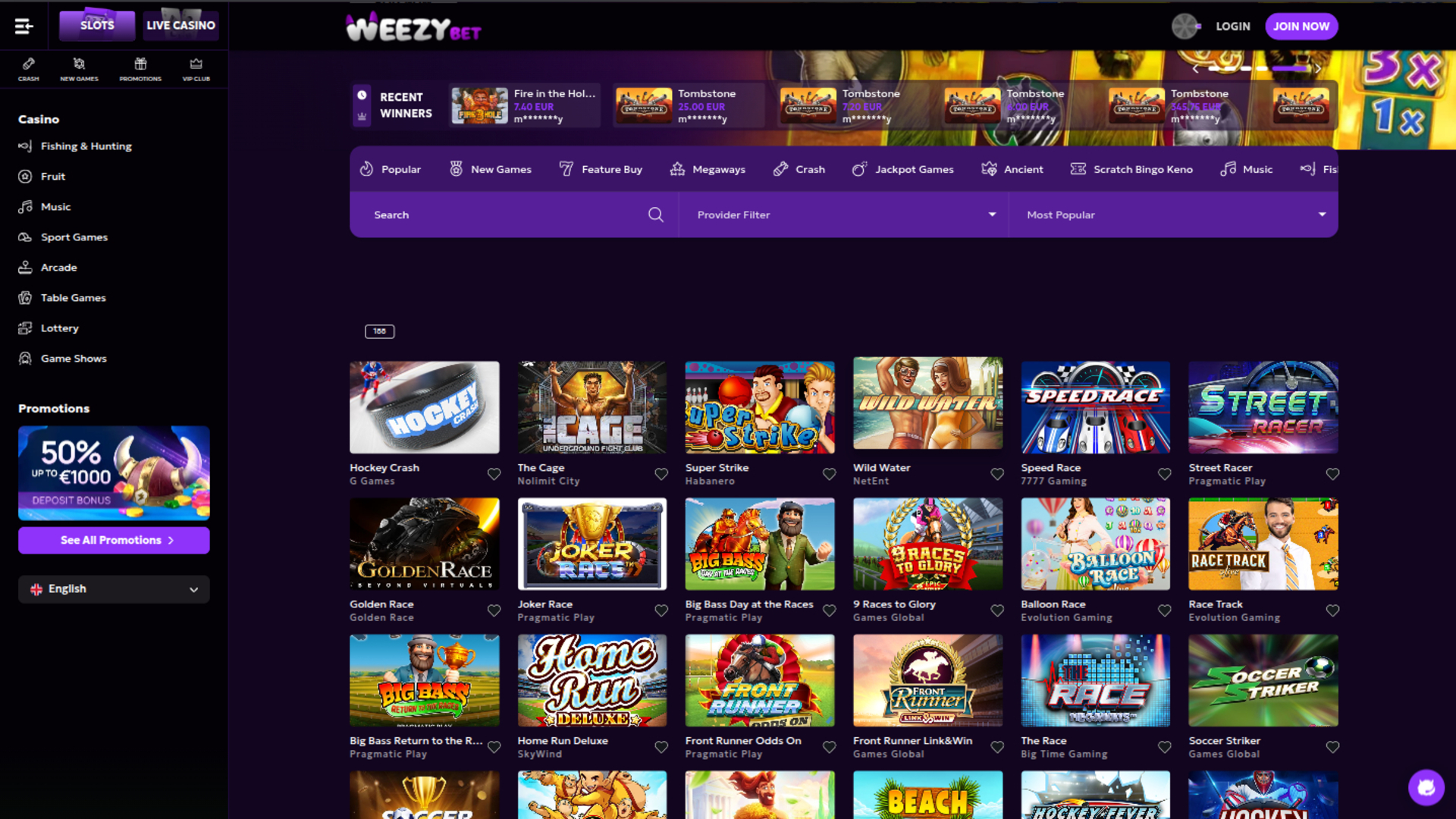 WeezyBet Casino Sportspiele Desktop