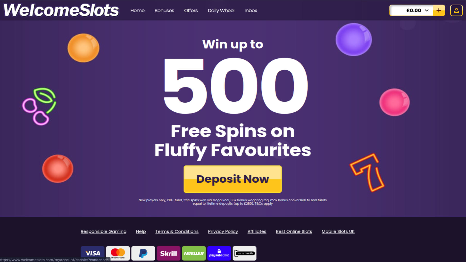 Pagina iniziale di Welcome Slots Casino su desktop