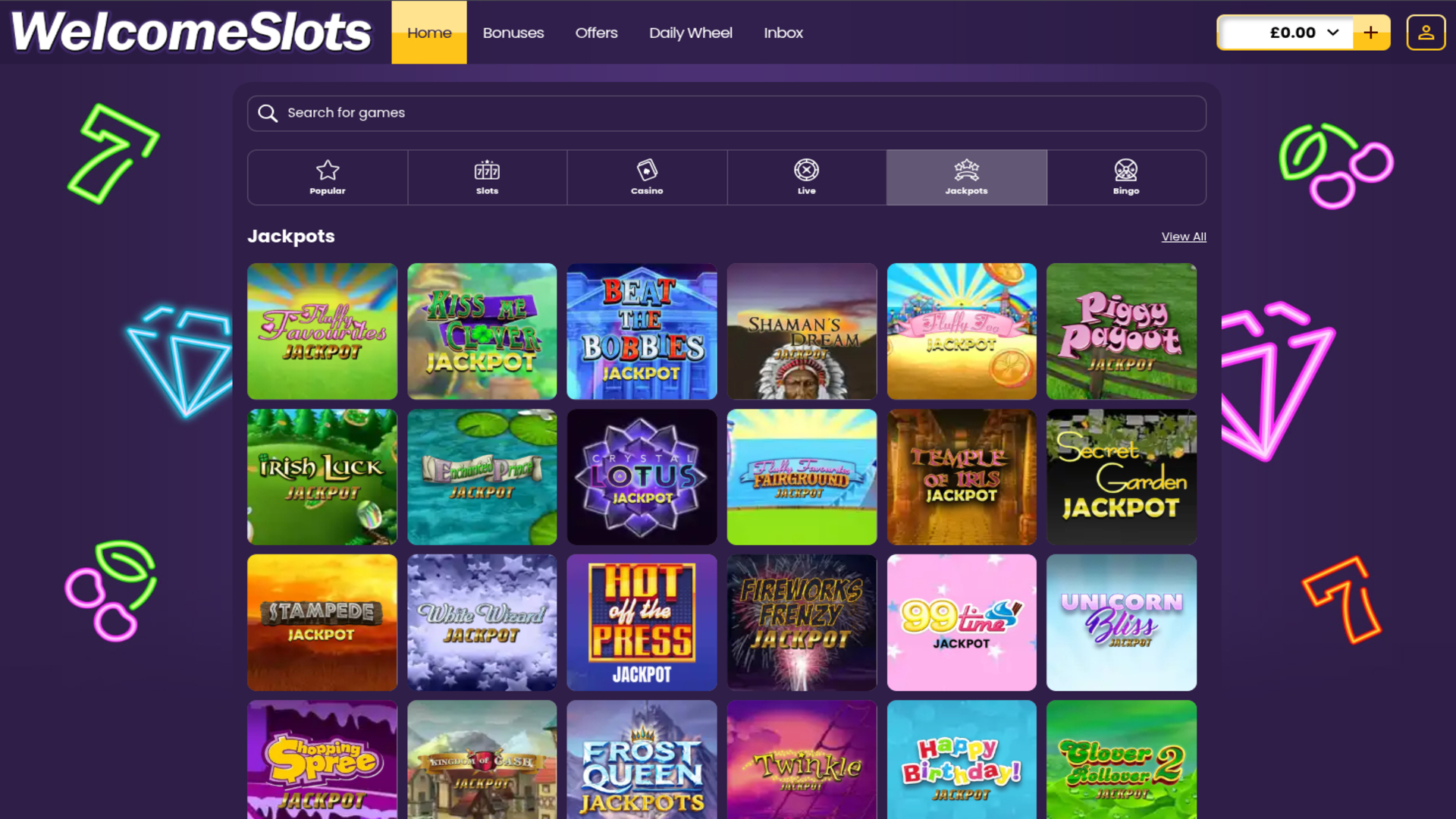 Jackpot di Welcome Slots Casino su desktop