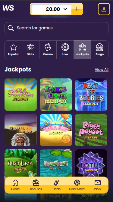 Jackpot di Welcome Slots Casino su mobile