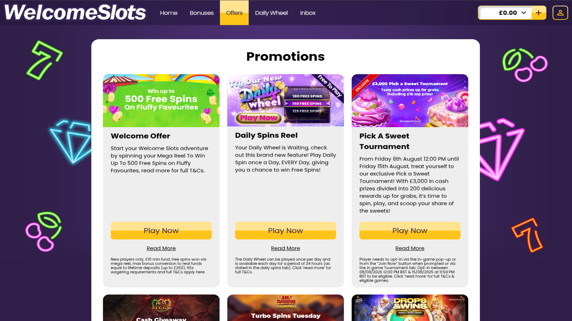 Promozioni di Welcome Slots Casino su desktop