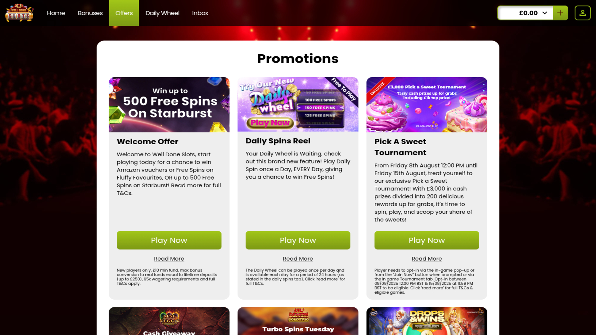 Promozioni di Well Done Slots Casino su desktop