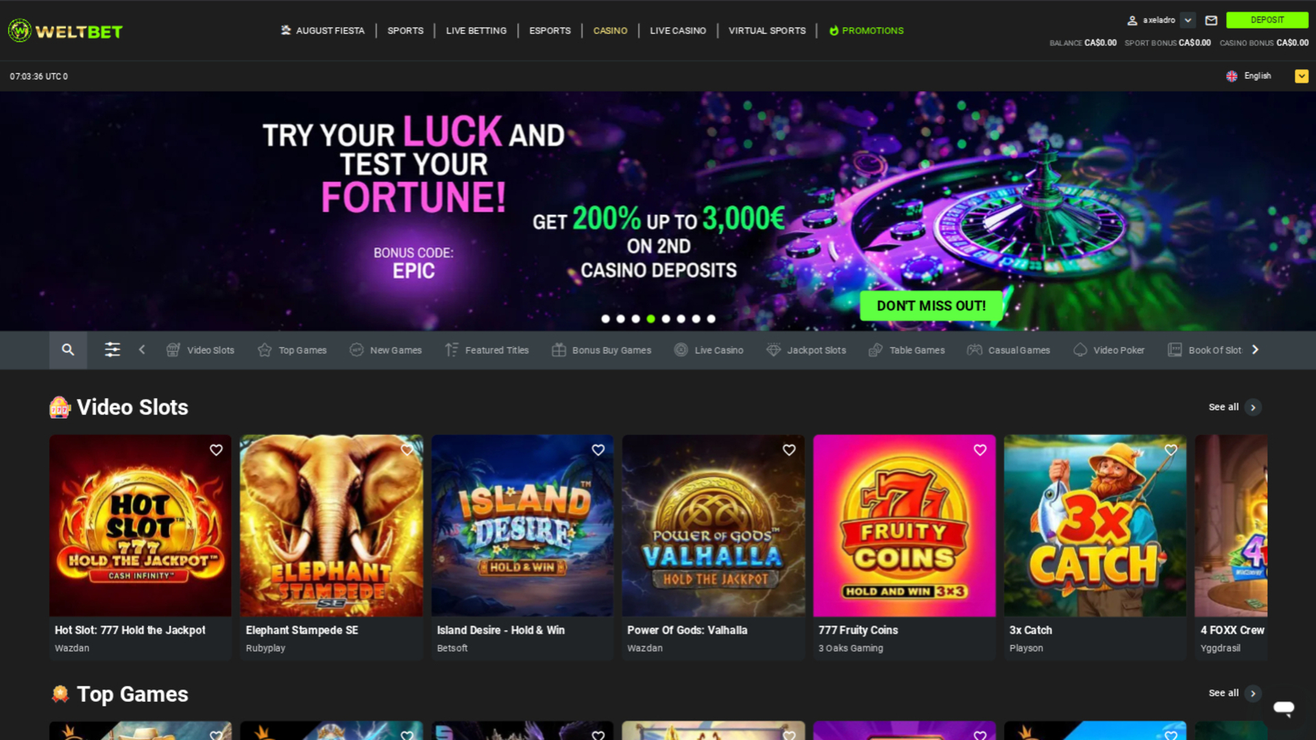 Page d’accueil de bureau de Weltbet Casino