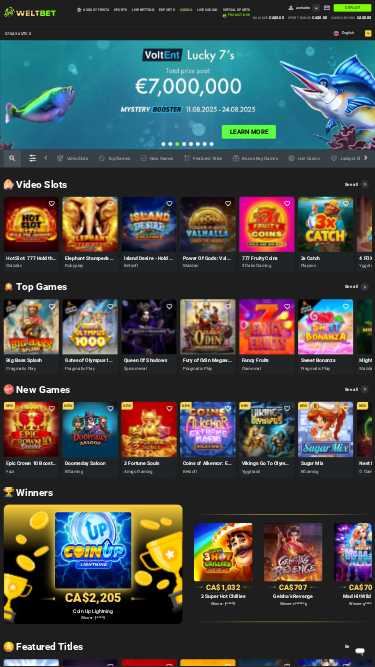 Page d’accueil mobile de Weltbet Casino