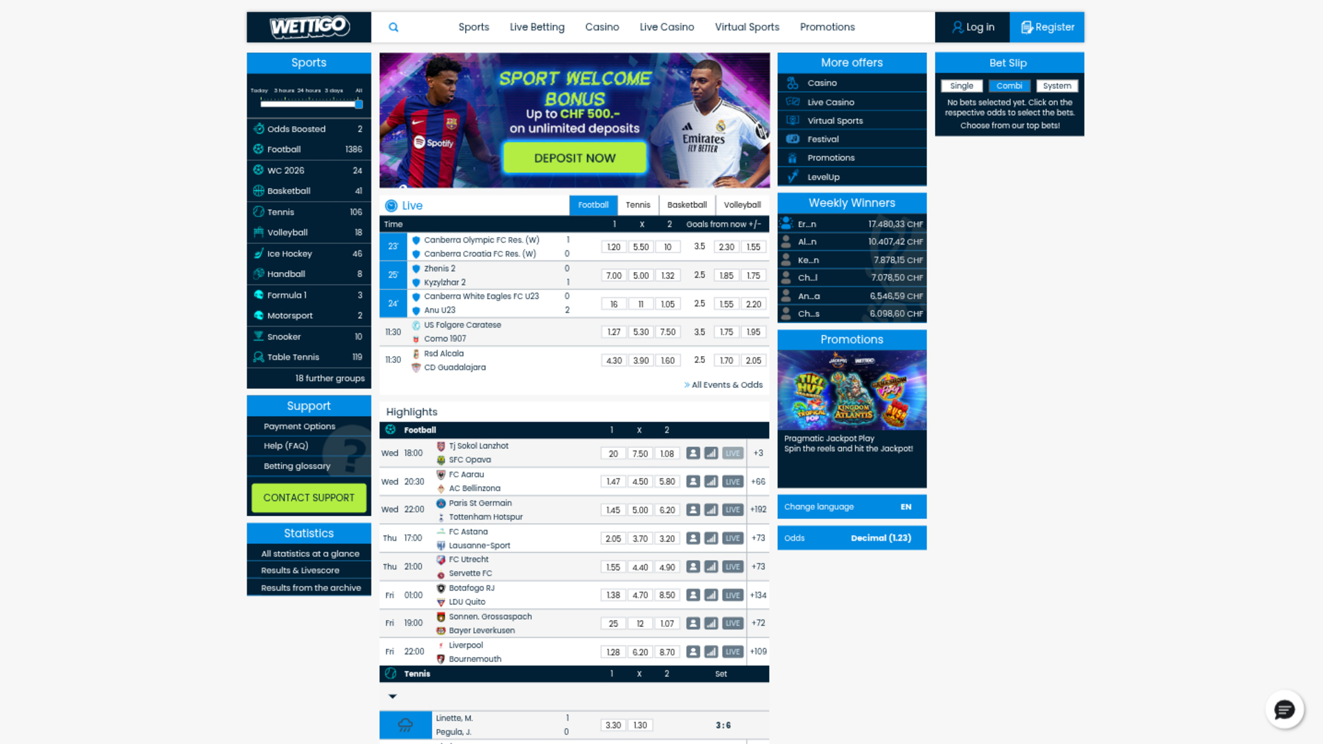 Página de inicio de escritorio de Wettigo Casino