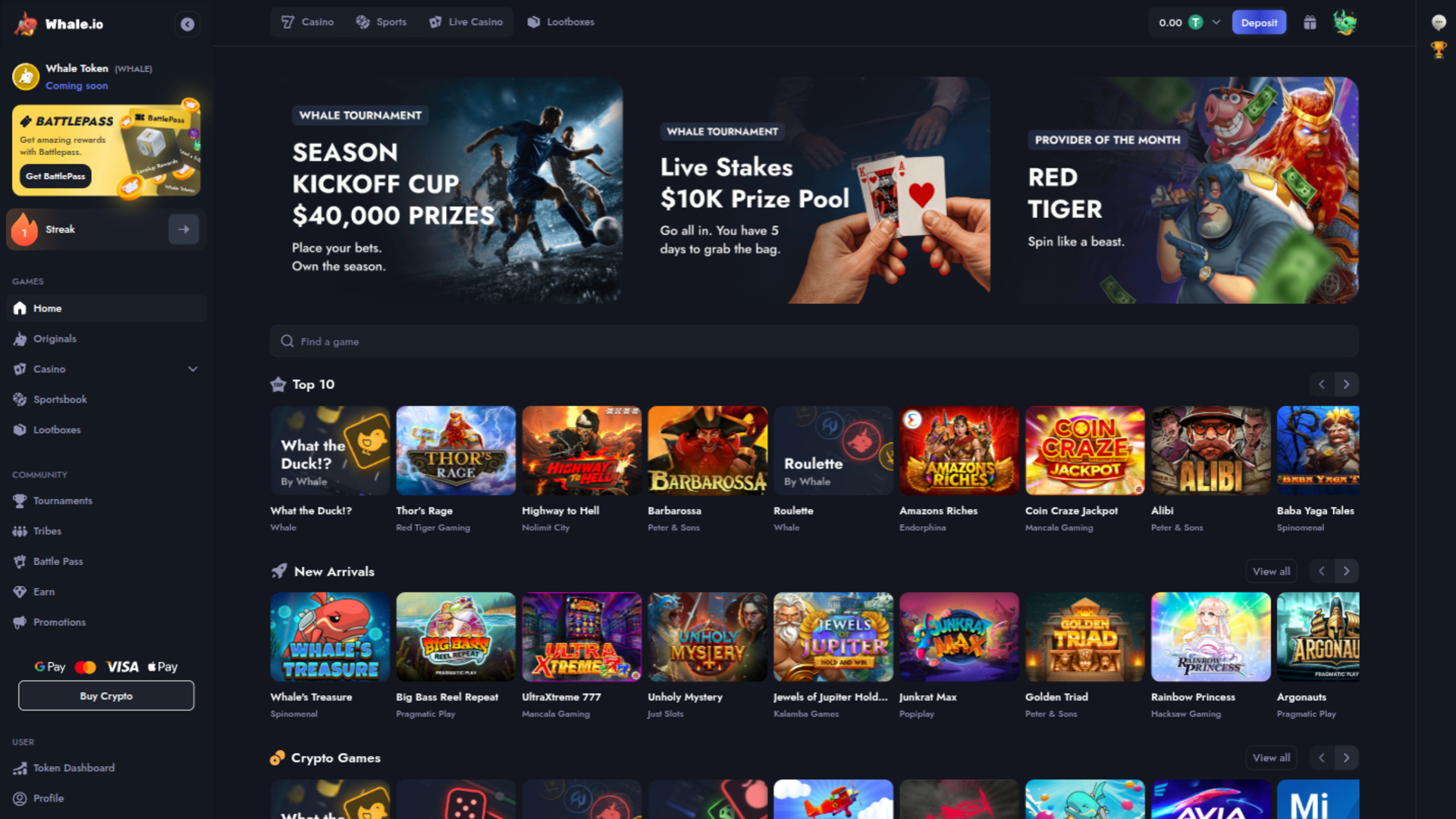 Page d’accueil de Whale Casino sur ordinateur