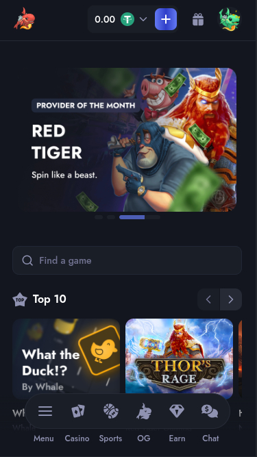 Page d’accueil mobile de Whale Casino