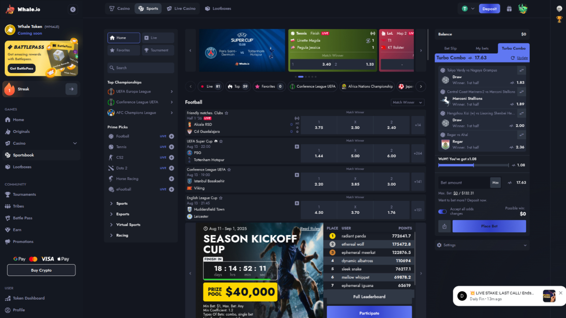 Sports sur ordinateur de Whale Casino