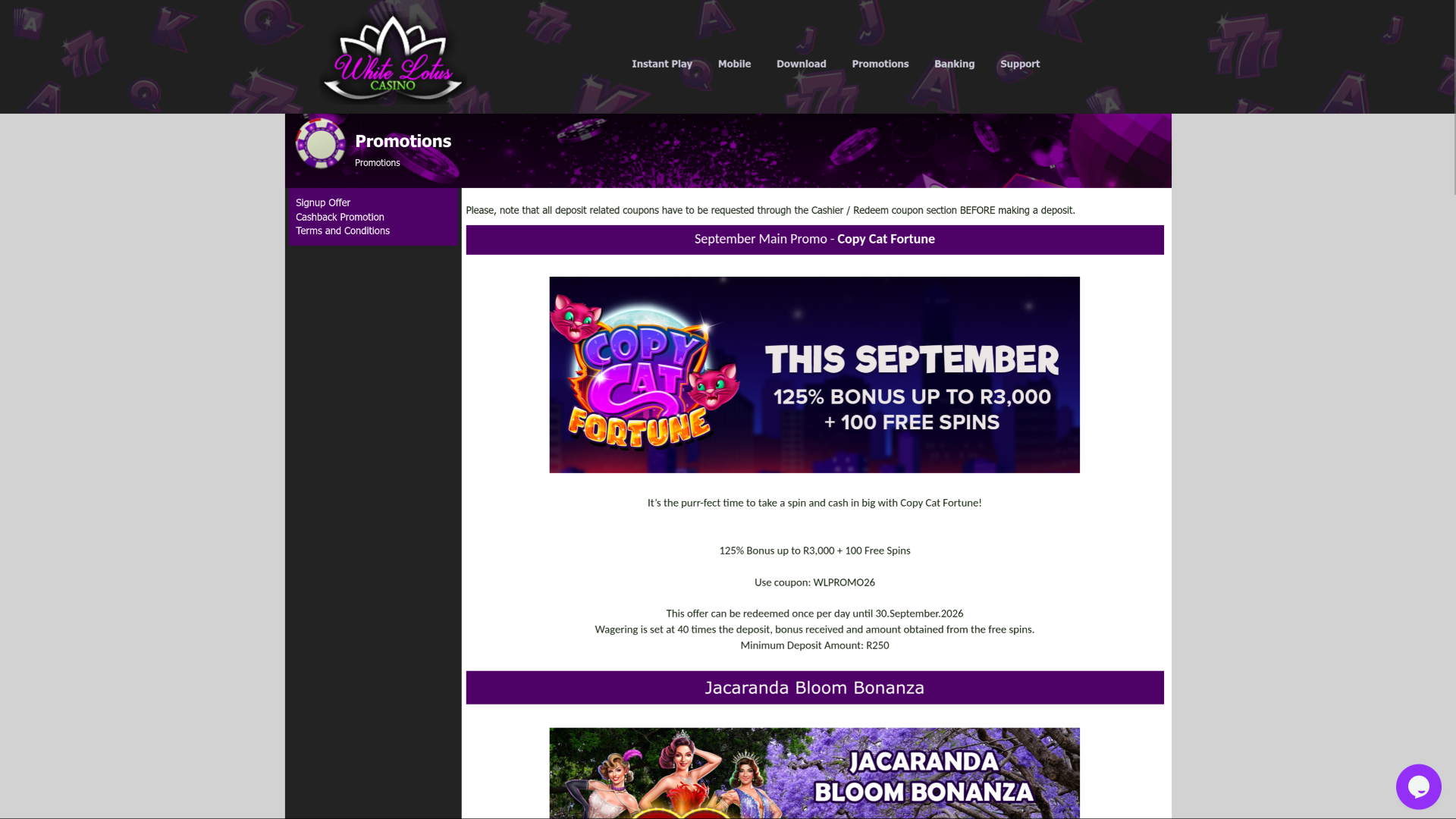 Promociones de escritorio del casino White Lotus
