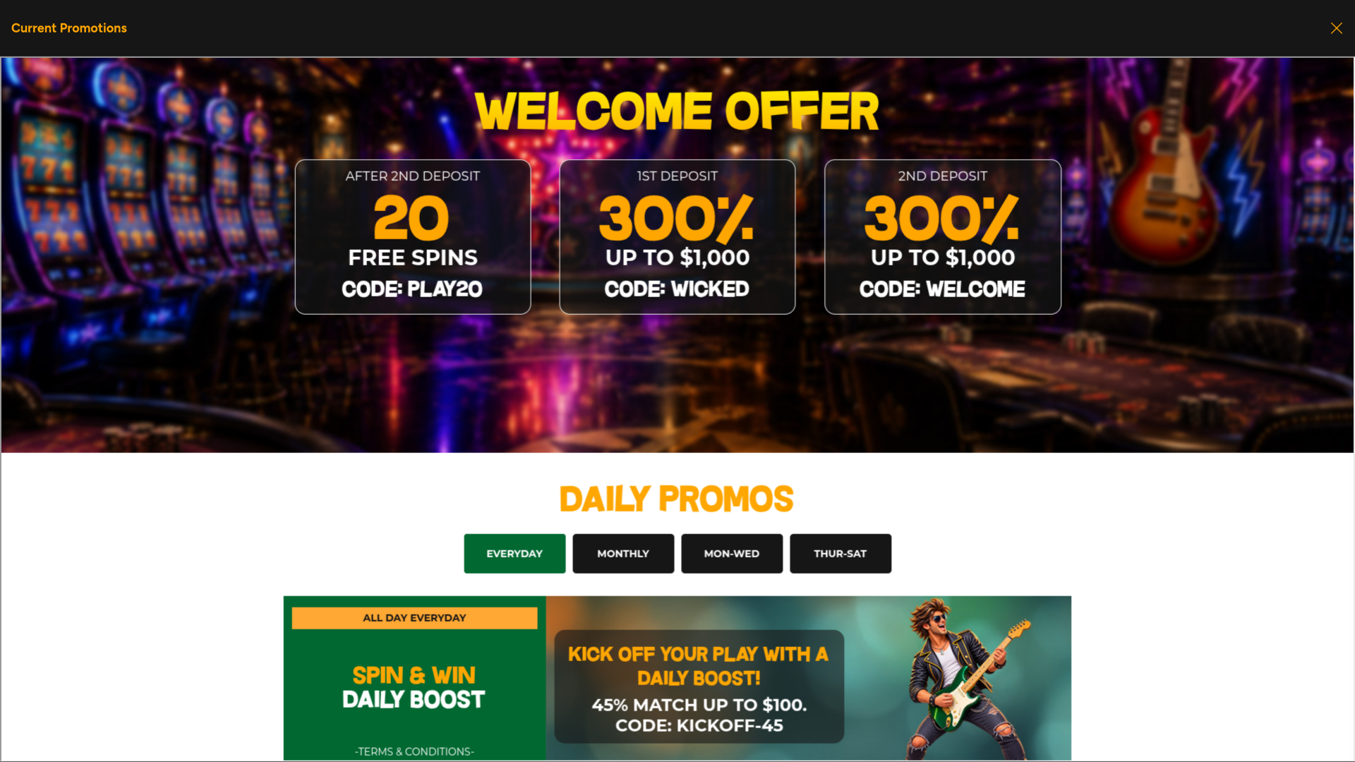Promociones de Wicked Plays Casino para ordenador