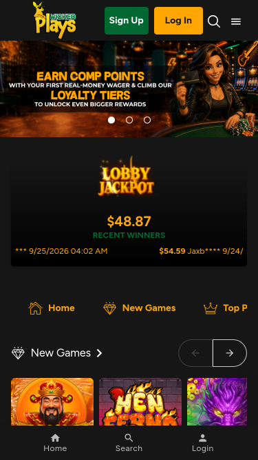 Página de inicio móvil del casino Wicked Plays