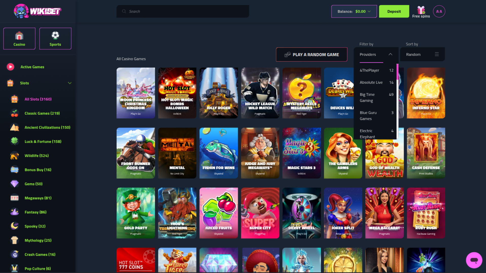 Wikibet Casino Spieleentwickler am Desktop