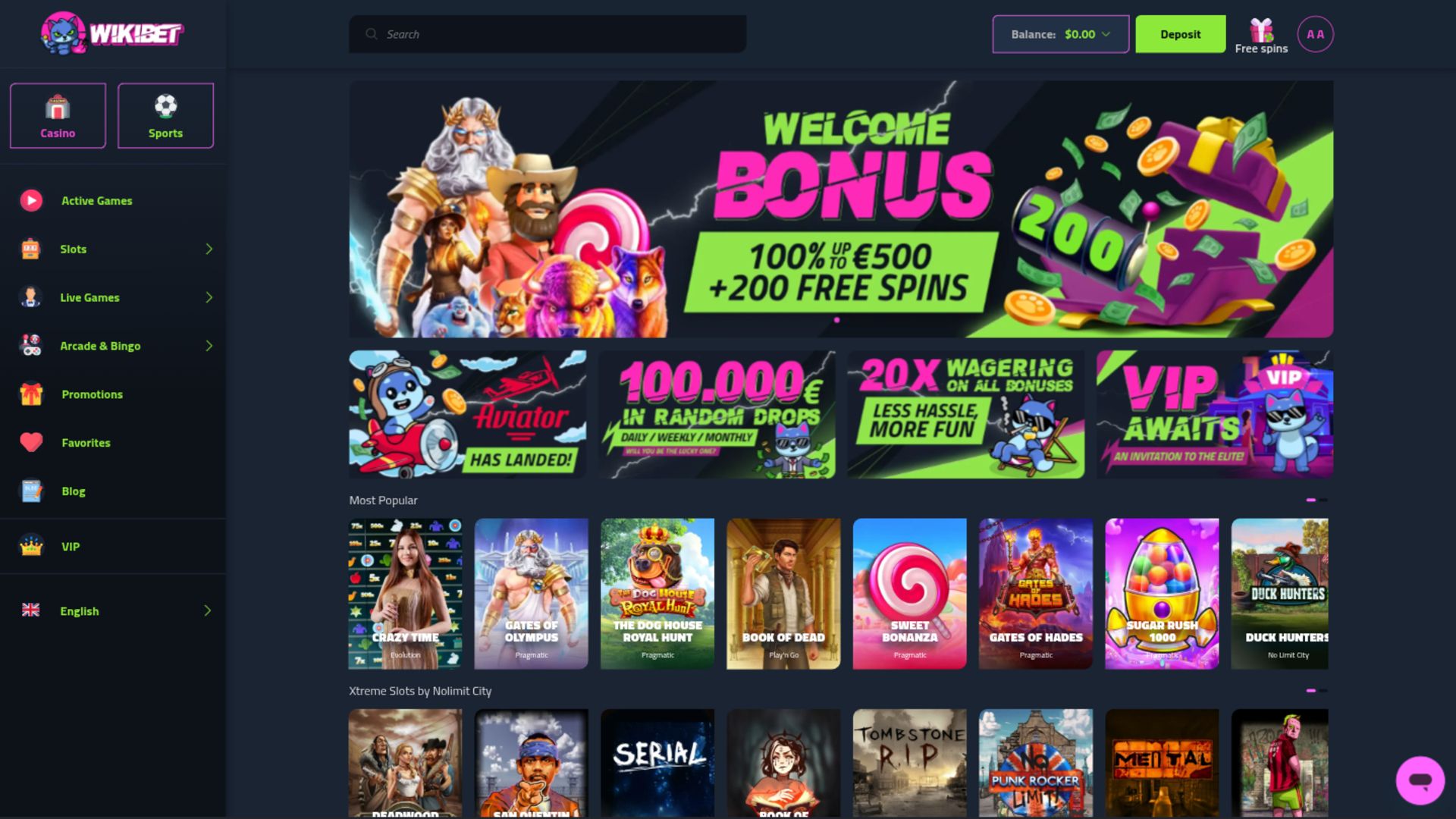 Wikibet Casino Desktop-Startseite