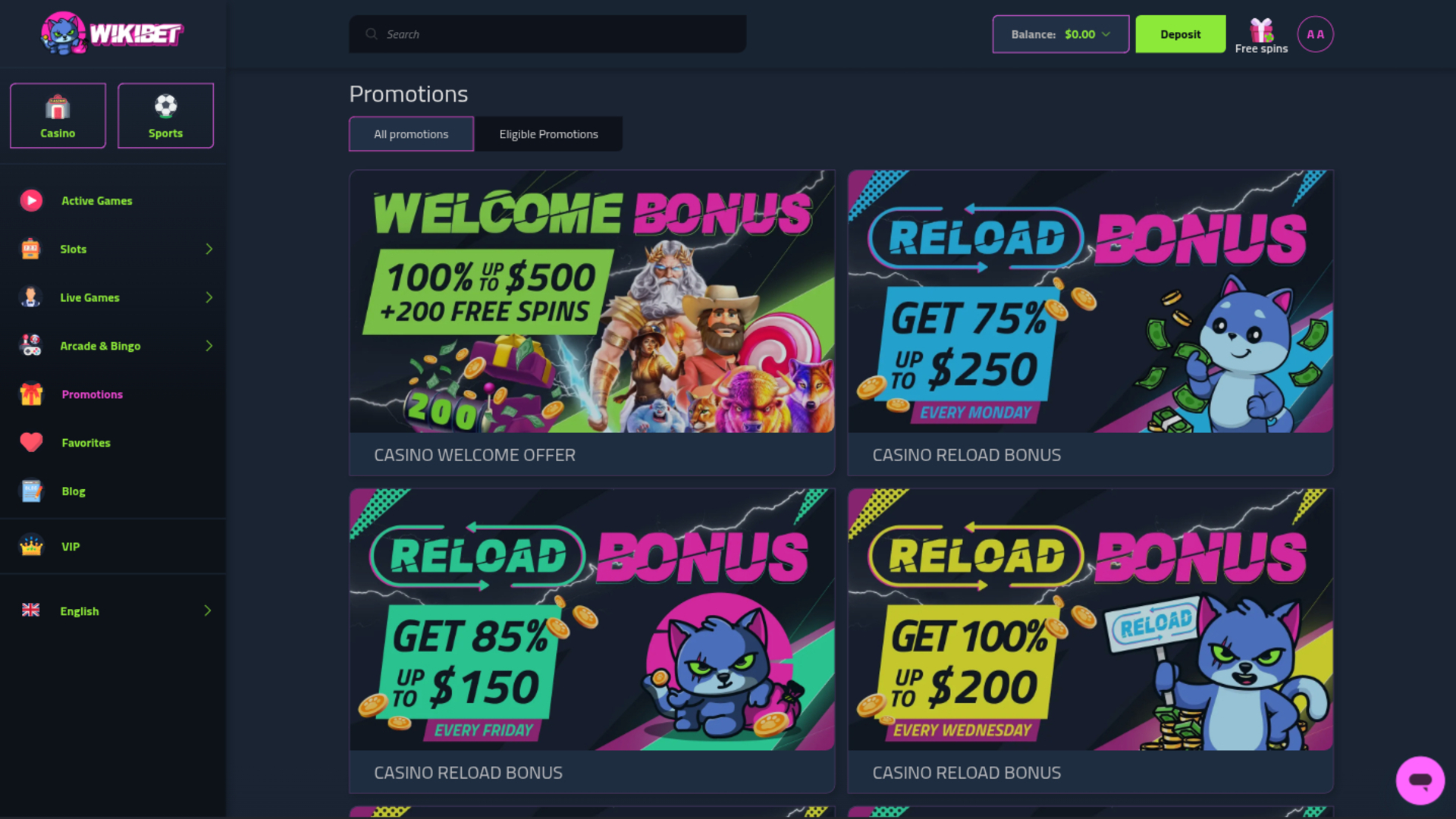 Wikibet Casino Desktop-Aktionen