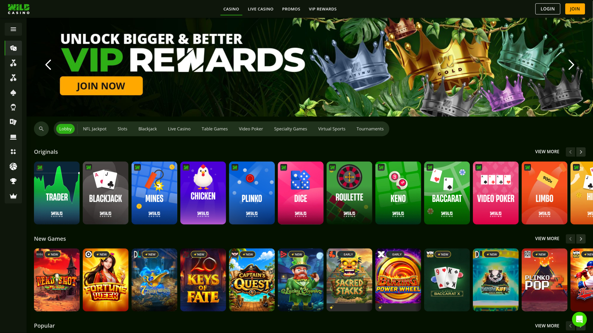 Page d'accueil de Wild Casino sur ordinateur