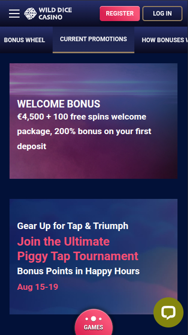 Promotions mobiles de Wild Dice Casino