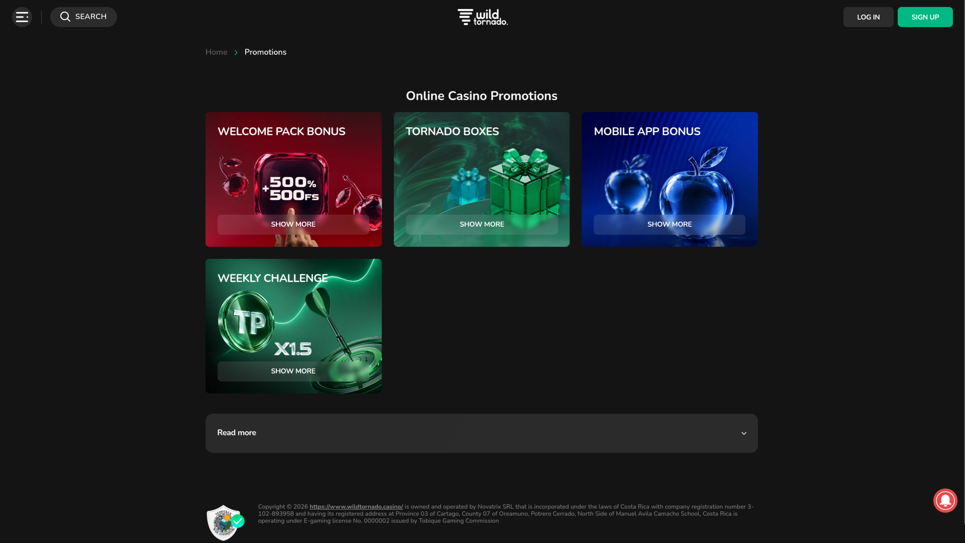 Wild Tornado Casino Desktop Promotions