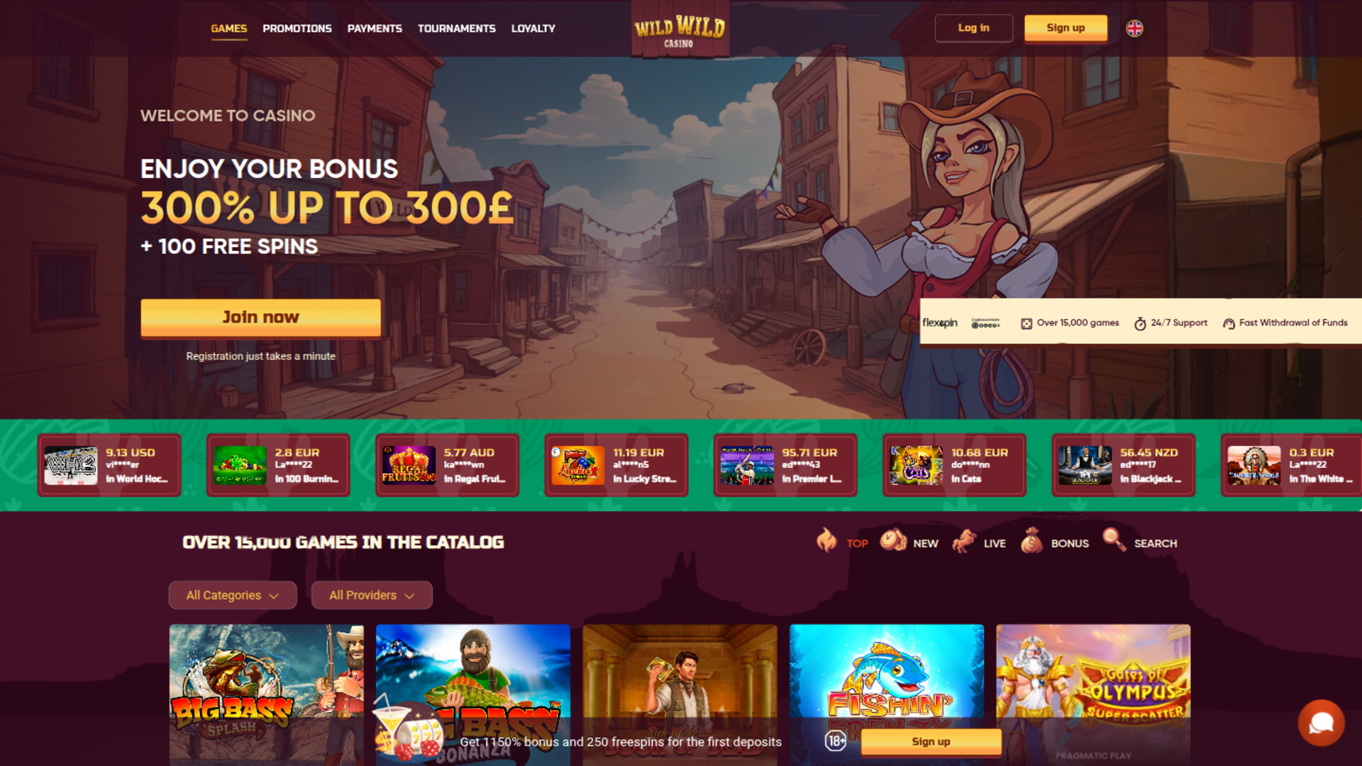 Page d'accueil de Wild Wild Casino sur ordinateur