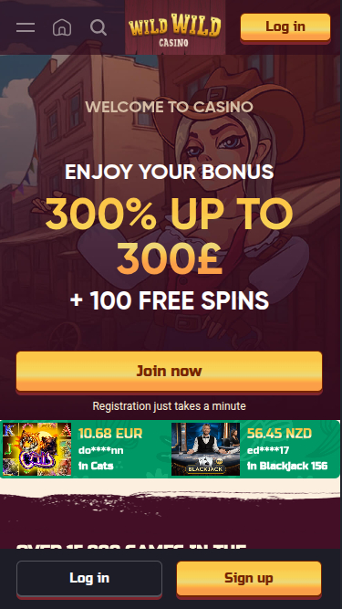 Page d'accueil mobile de Wild Wild Casino