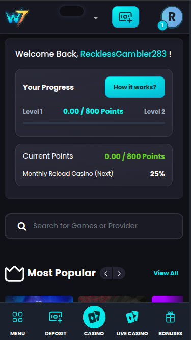 Wild7 Casino mobile Startseite