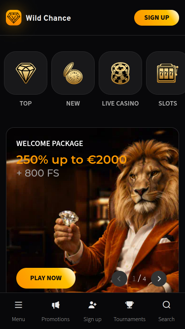 Página de inicio móvil del casino Wild Chance