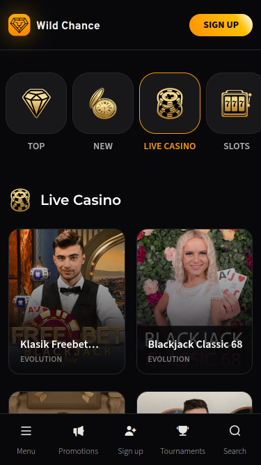 Casino móvil Wild Chance con crupier en vivo