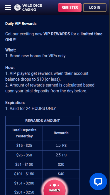 Programme VIP mobile du casino Wild Dice