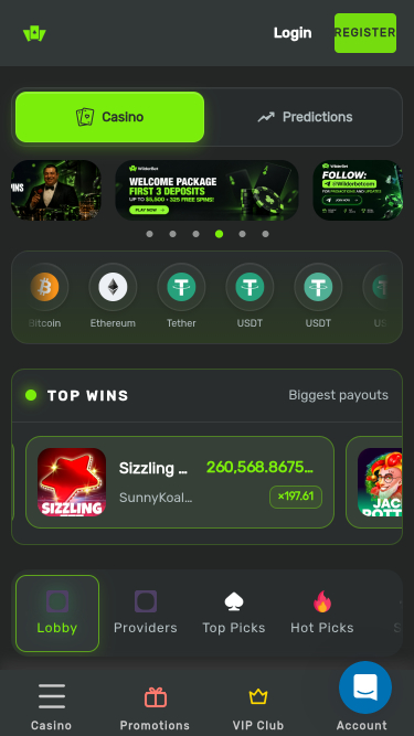 Página de inicio móvil del casino Wilderbet
