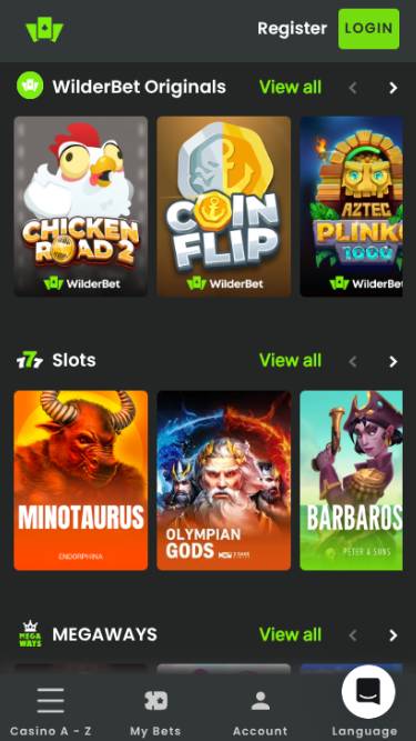 Games mobile page screenshot of Wilderbet Casino